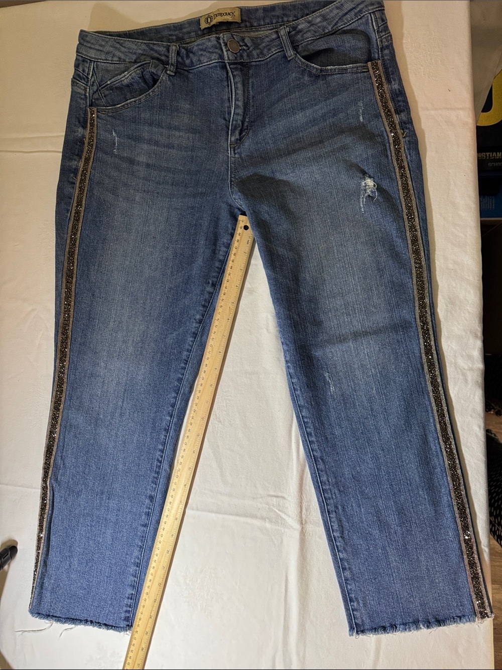 Democracy Mid-Rise Blue Ankle Jeans with Glitter Side Trim